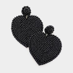 Seed Bead Heart Black Dangle Earrings